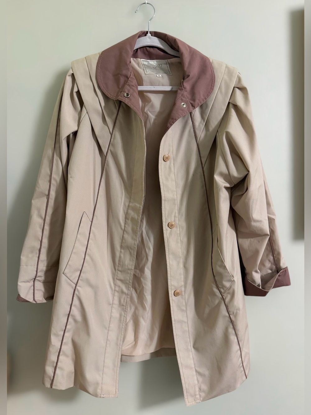Mulberry Street Neutral Two-Tone Trench Coat with Mauve Collar - Womens